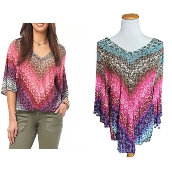 Womens Democracy Multi-Colored Printed V Neck Boho Tunic Top - Sz L - Picture 1 of 3